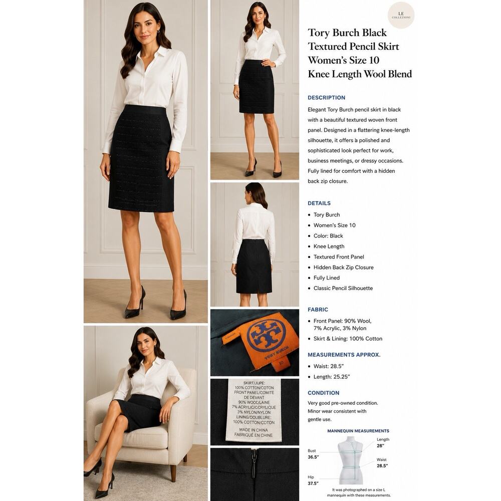 Tory Burch Black Textured Pencil Skirt Women’s Size 10 Knee Length Wool Blend